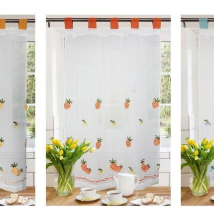 Cortinas de Cocina con Visillo Bordado y Trabilla – Set de 2 Translúcidas 100x150cm en Colores Vivos