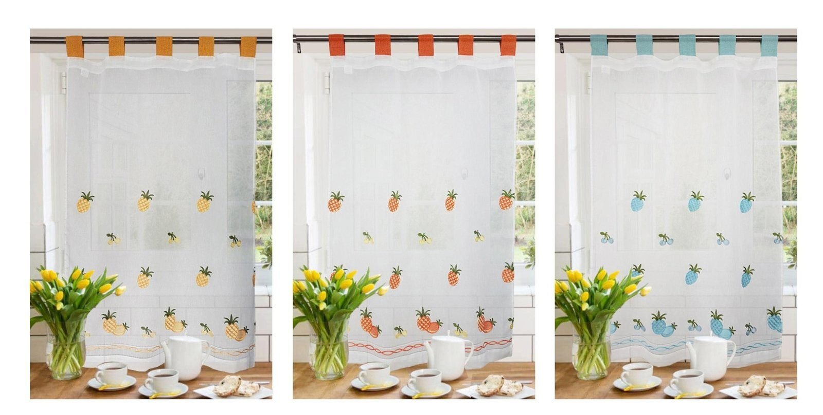 Visillos de cocina con piñas bordadas en varios colores