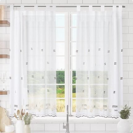 Cortina de Cocina visillo Bordado con Trabilla Translucidas Modelo Coffee para Decoración de Ventanas cocina en varios altos 140 cm Hasta 220cm, Color  Marrón