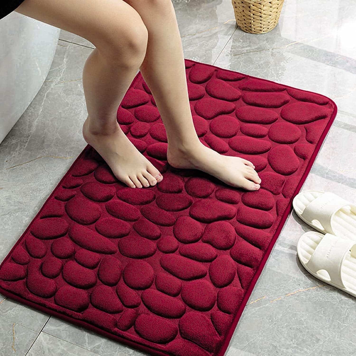 Alfombra Baño Color Sólido Granate Antideslizante Alfombra Suave Absorbente con Dibujo Geométrico para Baño Dormitorio Pasillo Sala de Estar Cocina Hay dos Medidas (40 x 60 cm y 50 x 70 cm). - Imagen 4