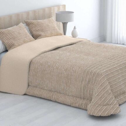Edredón Sherpa Nórdico Beige Jacquard Liso: Sedalina Tacto Peluche, Sherpa Interior, 600grs Gramaje, 260cm Largo + Fundas Almohadas Regalo 50x70cm.