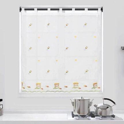 Cortina de Cocina visillo Bordado con Trabilla Translucidas Modelo Abeja para Decoración de Ventanas cocina en varios altos 140 cm Hasta 220cm. Color Multicolor Amarillo.