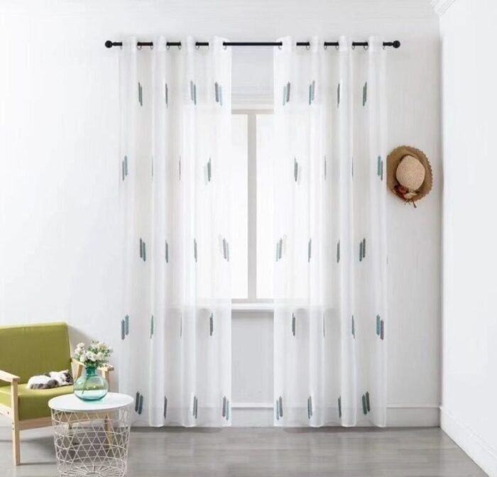 Cortina Sala ,Dormitorio, Habitación , Salón traslucida Fino bordado en Palos Gris y Agua con 8 Ojales de Acero. - Imagen 3