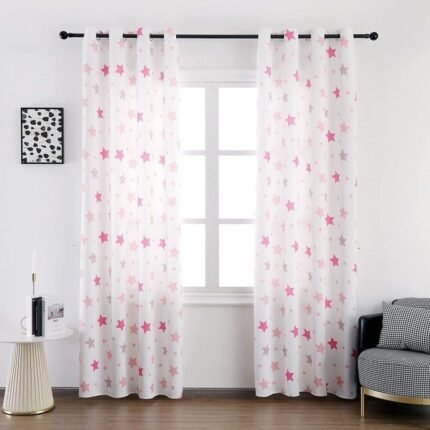 Cortinas Infantiles y Juvenil en Color Rosa cada Panel de Medidas 140x260cm Estampado de Estrellas para Habitación ,Sala.