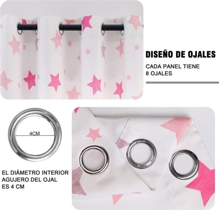 Cortinas Infantiles y Juvenil en Color Rosa cada Panel de Medidas 140x260cm Estampado de Estrellas para Habitación ,Sala. - Imagen 3