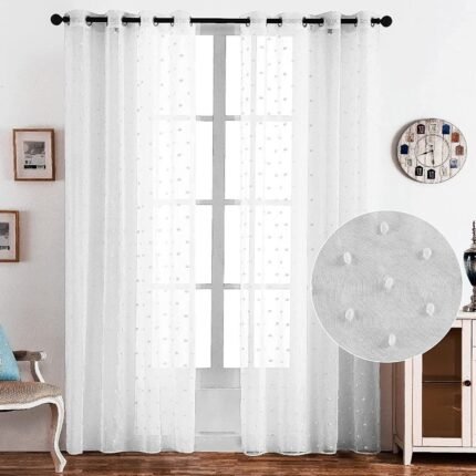 Cortina visillo blanca 140x260 cm con pompones y ollaos, estilo minimalista para salón y dormitorio