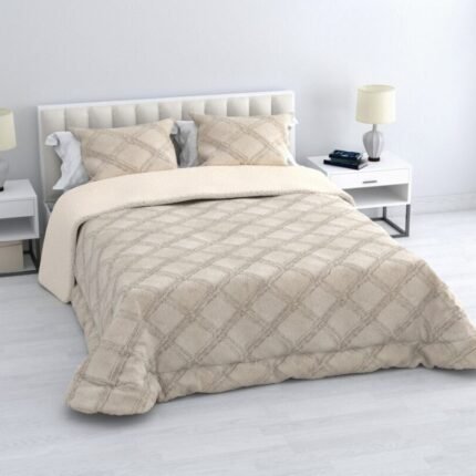 Edredón Visón Sherpa Cama 90-150cm Beige: Diamond Tacto Peluche, Sherpa Interior, 600grs Gramaje, 260cm Largo + Fundas Almohadas Regalo 50x70cm.