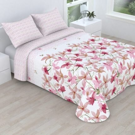 Colcha bouti marca Victorio & Lucchino cosida reversible cubre cama con Fundas 50x70 cm modelo Mayca Color Rosa para primavera / verano / otoño.