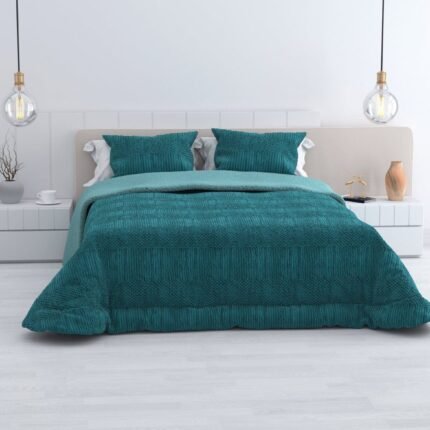 Edredón Sherpa Nórdico Cama Petróleo Jacquard Waves: Sedalina Tacto Peluche, Sherpa Interior, 600grs Gramaje, 260cm Largo + Fundas Almohadas Regalo 50x70cm.