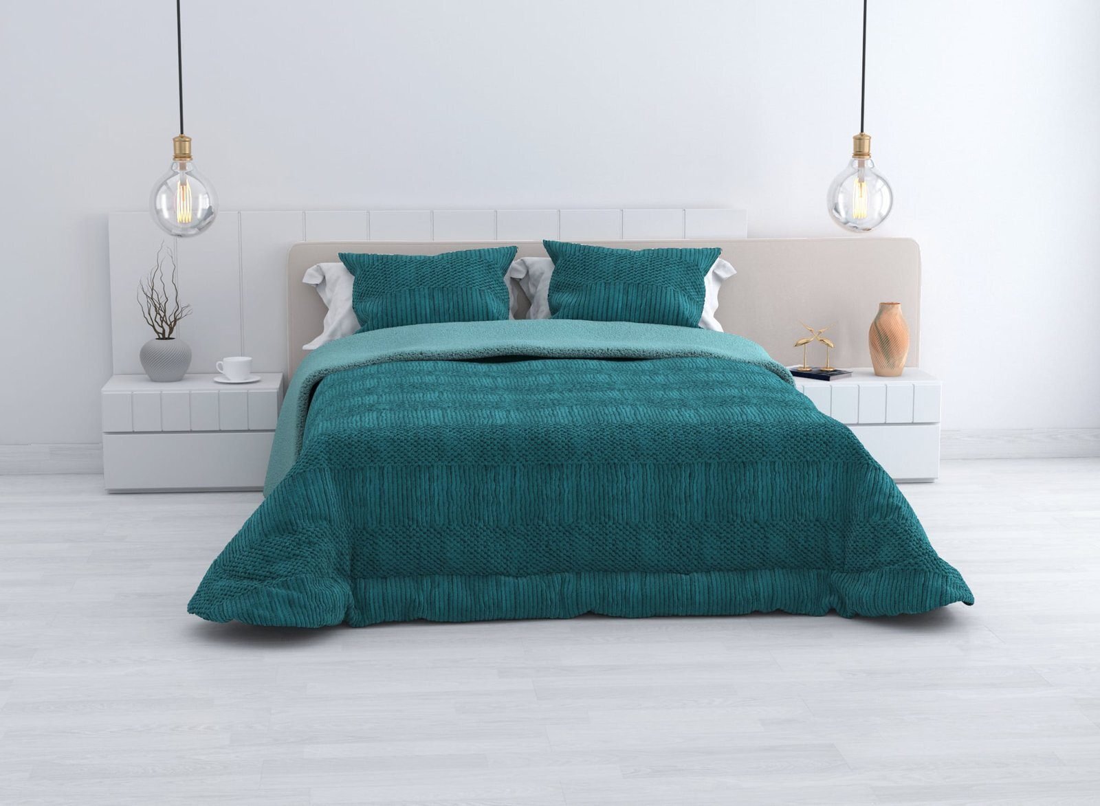 Edredón Sherpa Nórdico Cama Petróleo Jacquard Waves: Sedalina Tacto Peluche, Sherpa Interior, 600grs Gramaje, 260cm Largo + Fundas Almohadas Regalo 50x70cm.