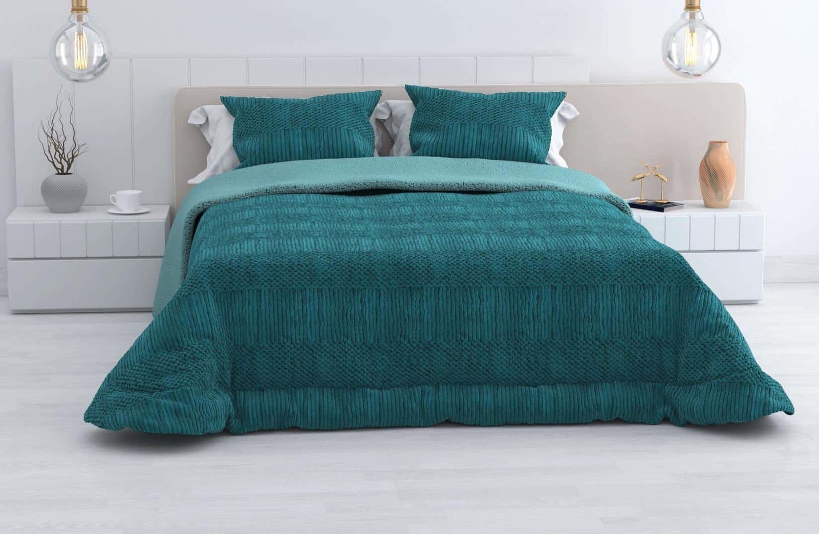 Edredón Sherpa Nórdico Cama Petróleo Jacquard Waves: Sedalina Tacto Peluche, Sherpa Interior, 600grs Gramaje, 260cm Largo + Fundas Almohadas Regalo 50x70cm. - Imagen 3