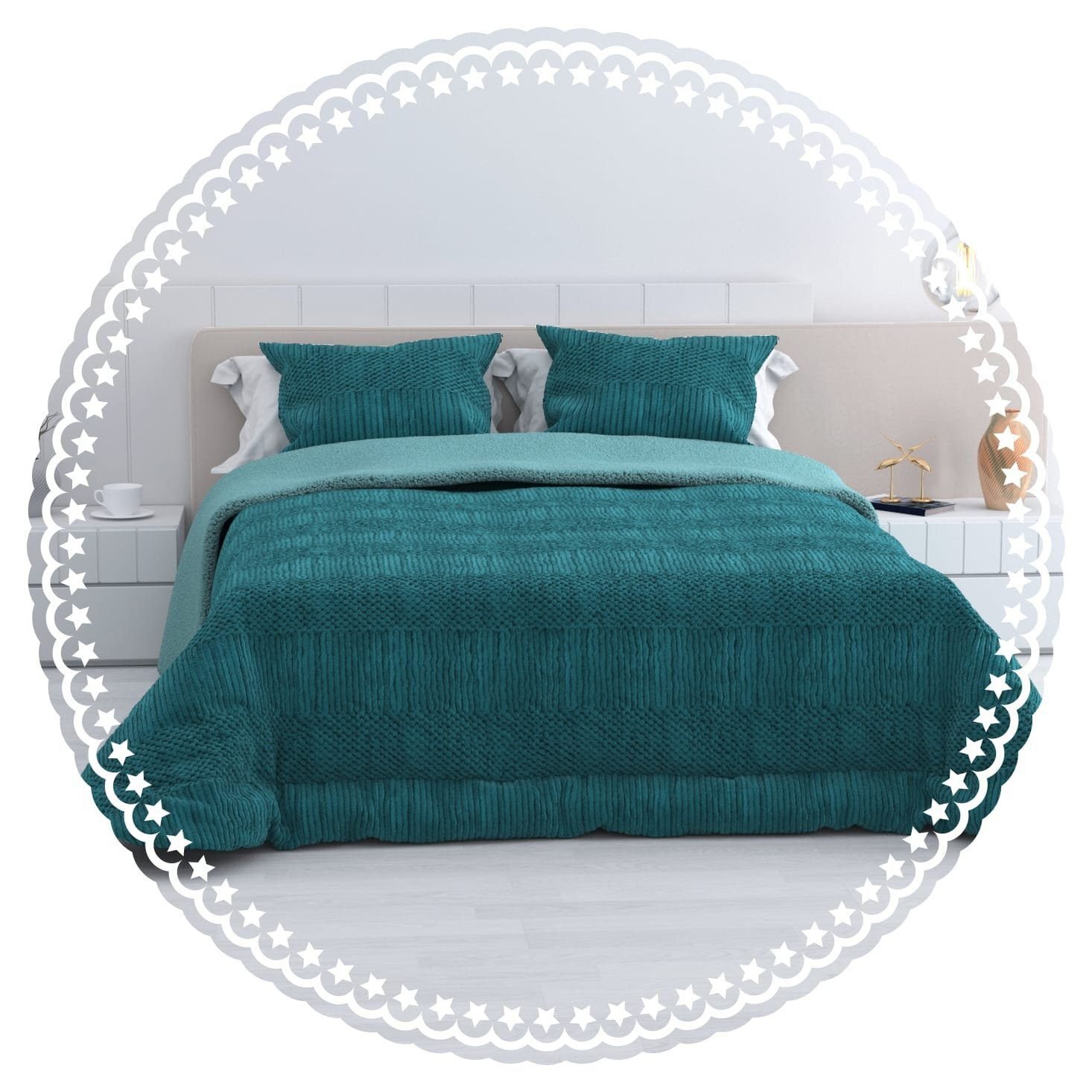 Edredón Sherpa Nórdico Cama Petróleo Jacquard Waves: Sedalina Tacto Peluche, Sherpa Interior, 600grs Gramaje, 260cm Largo + Fundas Almohadas Regalo 50x70cm. - Imagen 4