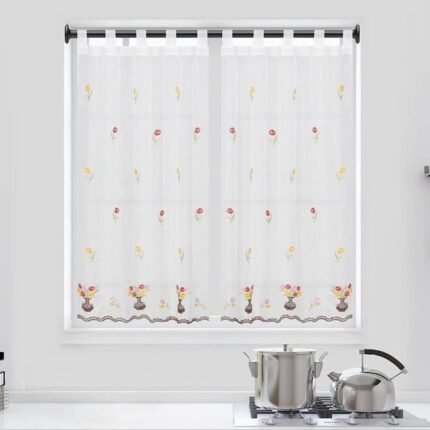Cortina de Cocina visillo Bordado con Trabilla Translucidas para Decoración de Ventanas cocina en varios altos 140 cm Hasta 220cm. Color Multicolor Marrón.