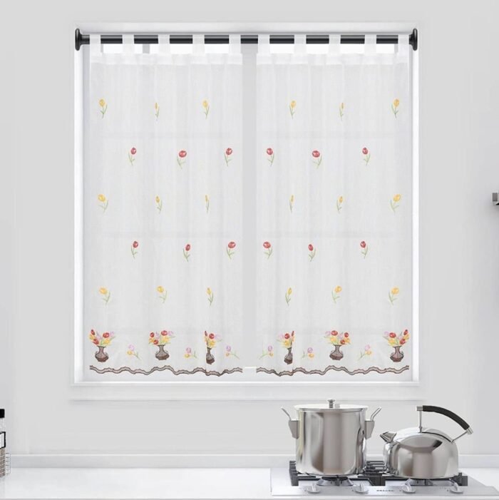 Cortina de Cocina visillo Bordado con Trabilla Translucidas para Decoración de Ventanas cocina en varios altos 140 cm Hasta 220cm. Color Multicolor Marrón.
