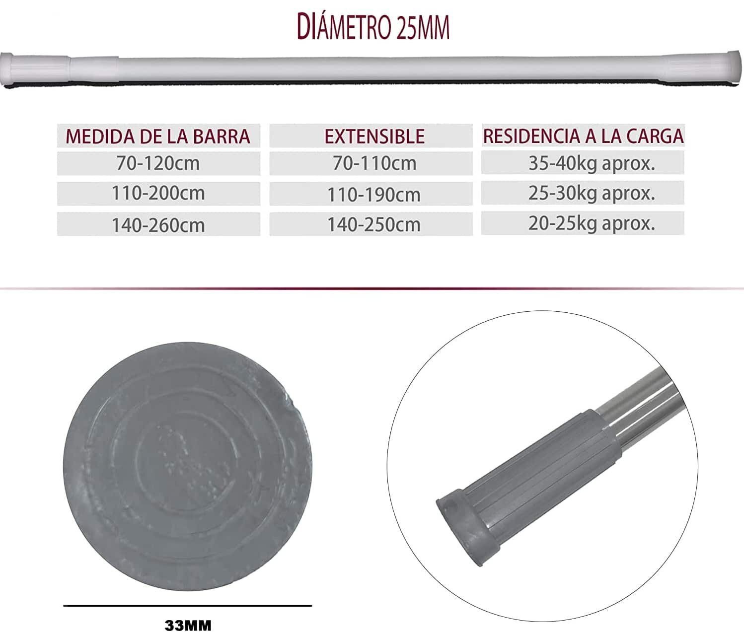 Barra Extensible de Aluminio 25mm - Montaje Fácil Sin Taladro - Imagen 3
