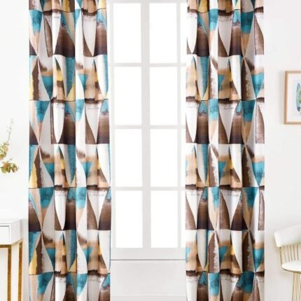 Cortina tela sala, dormitorio ,salón con estampado triangulo juvenil con 8 ollaos de acero color marrón.