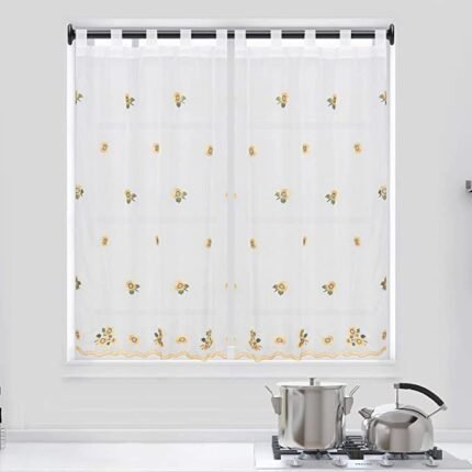 Cortina de Cocina visillo Bordado con Trabilla Translucidas Modelo Margaritas para Decoración de Ventanas cocina en varios altos 140 cm Hasta 220cm. Color Multicolor Amarillo.
