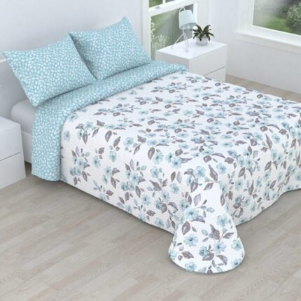 Colcha bouti marca Victorio & Lucchino cosida reversible cubre cama con Fundas 50x70 cm modelo Vera Color Celeste para primavera / verano / otoño
