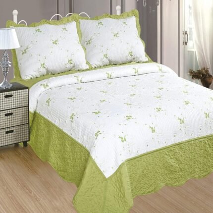 Colcha bouti Cama (O-2611) Cubrecama Bordada Cosida con Fundas para Primavera/Verano/otoño, Verde claro.