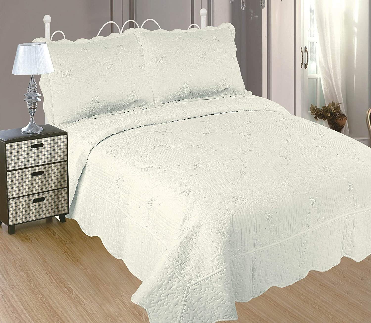 Colcha bouti Cama (P-2611) Cubrecama Bordada Cosida con Fundas para Primavera/Verano/otoño, Blanco roto. - Imagen 2