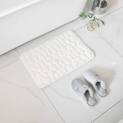 Alfombra Baño Color Sólido Blanco Antideslizante Alfombra Suave Absorbente con Dibujo Geométrico para Baño Dormitorio Pasillo Sala de Estar Cocina Hay dos Medidas (40 x 60 cm y 50 x 70 cm).