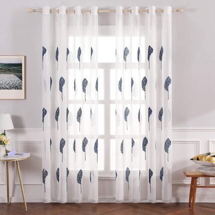 Visillos Bordados diseños Hojas en azul oscuro para salon y habitaciones de 8 Ojales Acero,medidas, 140 x 260 cm.