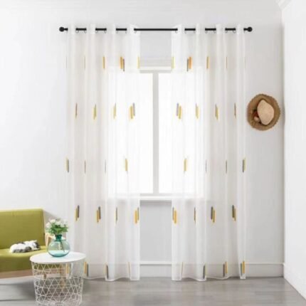 Cortina Sala ,Dormitorio, Habitación , Salón traslucida Fino bordado en Palos Amarillo y Gris con 8 Ojales de Acero.