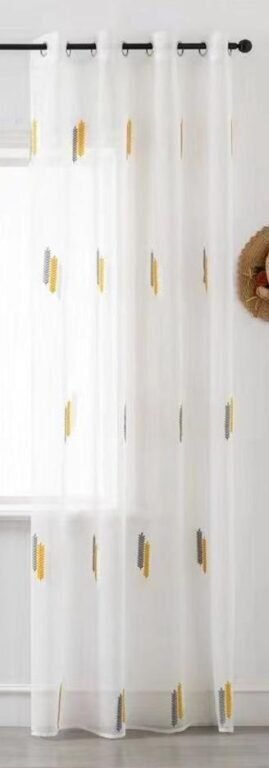 Cortina Sala ,Dormitorio, Habitación , Salón traslucida Fino bordado en Palos Amarillo y Gris con 8 Ojales de Acero. - Imagen 2