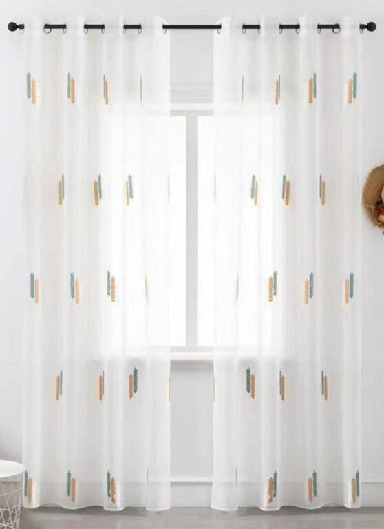 Cortina Sala ,Dormitorio, Habitación , Salón traslucida Fino bordado en Palos Amarillo y Gris con 8 Ojales de Acero. - Imagen 4