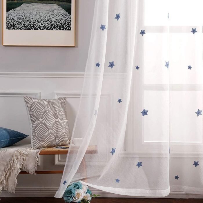 Cortina visillo Translucido Bordado de Dormitorio Infantil o Juvenil con Ojales Plateados para Sala Estar Habitación Patrón  Estrella140x260cm Azul - Imagen 2