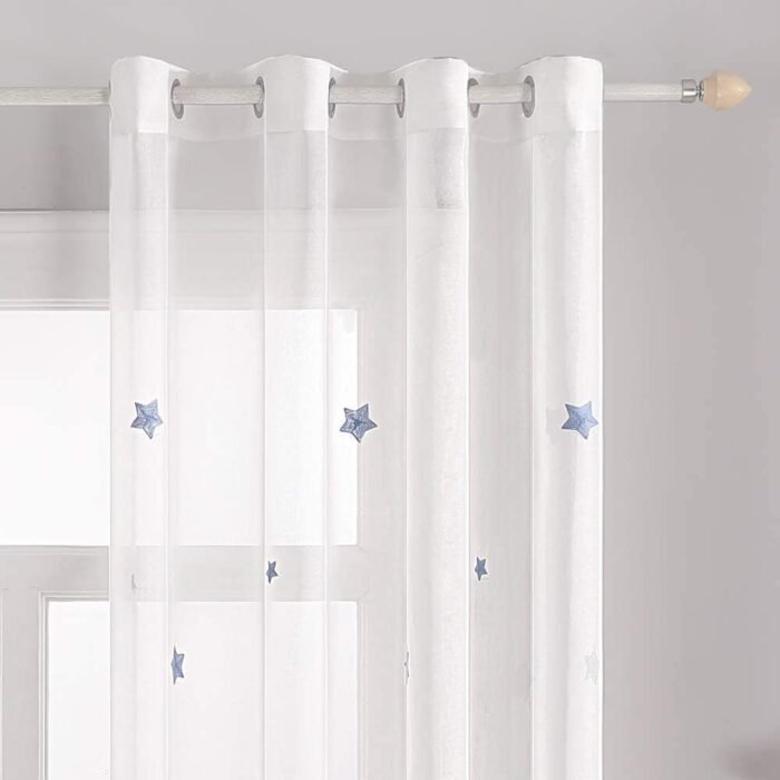 Cortina visillo Translucido Bordado de Dormitorio Infantil o Juvenil con Ojales Plateados para Sala Estar Habitación Patrón  Estrella140x260cm Azul - Imagen 3