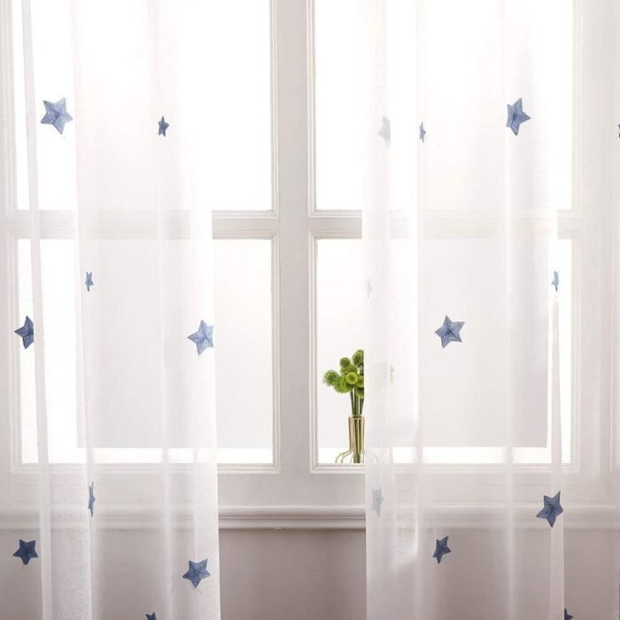 Cortina visillo Translucido Bordado de Dormitorio Infantil o Juvenil con Ojales Plateados para Sala Estar Habitación Patrón  Estrella140x260cm Azul - Imagen 4
