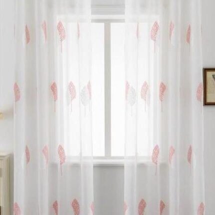 Cortinas translúcidas con bordado de hojas blancas y rosa 140x260 cm para salón o dormitorio