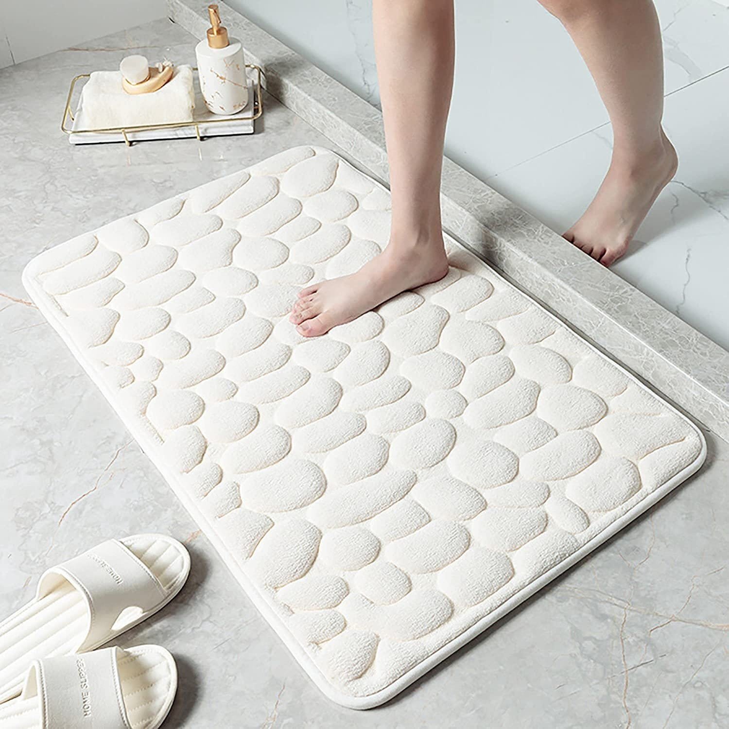 Alfombra Baño Color Sólido Blanco Antideslizante Alfombra Suave Absorbente con Dibujo Geométrico para Baño Dormitorio Pasillo Sala de Estar Cocina Hay dos Medidas (40 x 60 cm y 50 x 70 cm). - Imagen 7