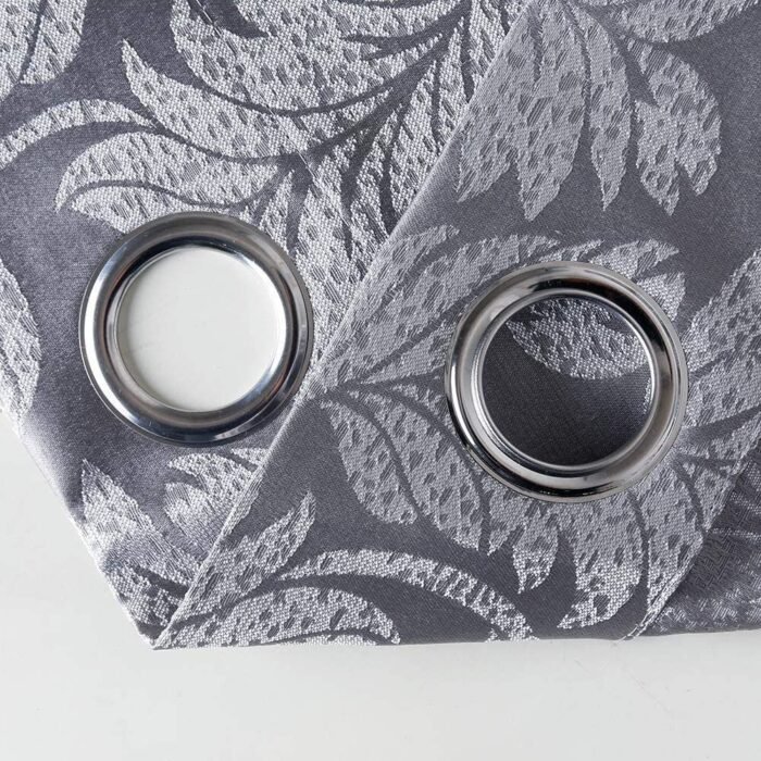 Cortina de tela semi opacas satén labrado para ventana , salón, dormitorio, Sala, modelo hojas en color Gris, con 8 ojales de acero. - Imagen 6