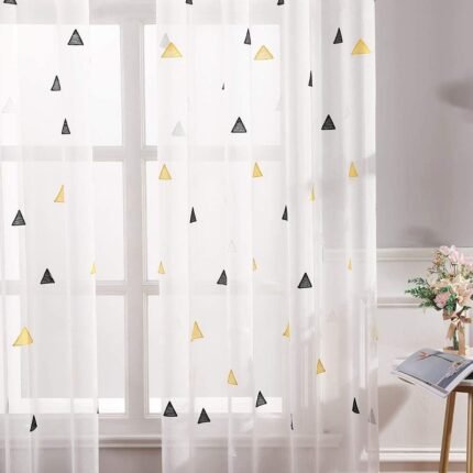 Cortinas de visillo bordado triangulo juvenil para sala, habitación con 8 ollaos de acero.