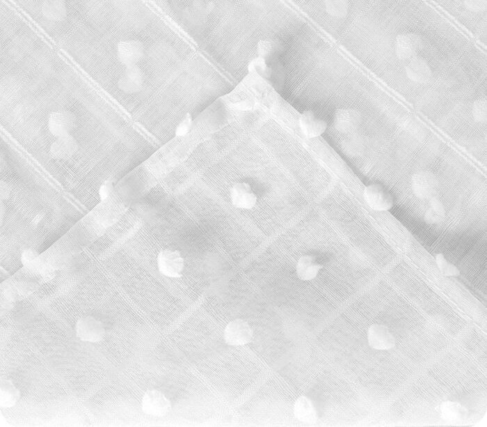 Cortina visillo translúcida sala dormitorio con diseño de pompones en blanco para ventana de medidas 140x260cm. - Imagen 3
