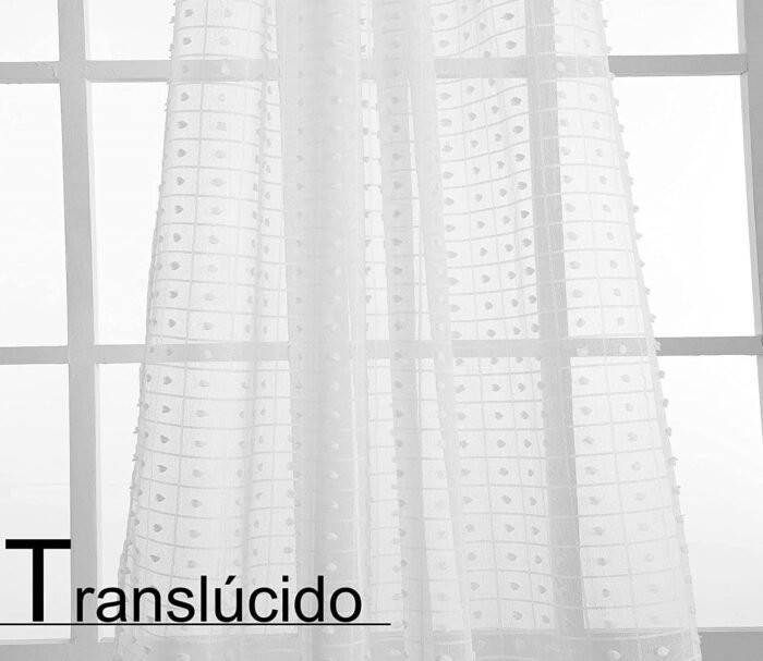 Cortina visillo translúcida sala dormitorio con diseño de pompones en blanco para ventana de medidas 140x260cm. - Imagen 6