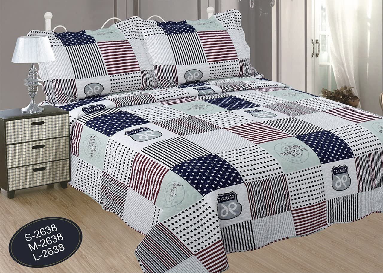 Colcha bouti cubre cama estampada cosida con Fundas de cojin 50-x-70cm (2638) ruta 66 color bicolor .