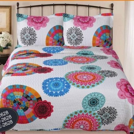 Colcha Boutí reversible, (LE-2628) Estampada cosida, mandalas fucsia.