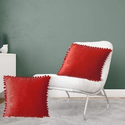 Fundas cojines sólido en color rojo, Terciopelo con Pelota Decorativa para Sofá Cama Sala de Estar.