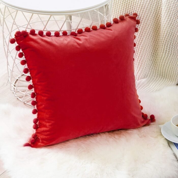 Fundas cojines sólido en color rojo, Terciopelo con Pelota Decorativa para Sofá Cama Sala de Estar. - Imagen 3