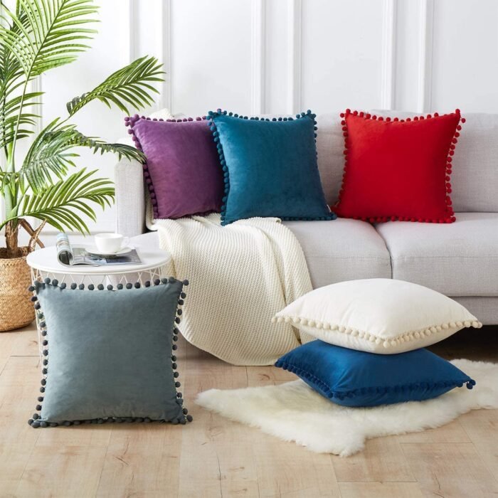 Fundas cojines sólido en color rojo, Terciopelo con Pelota Decorativa para Sofá Cama Sala de Estar. - Imagen 4