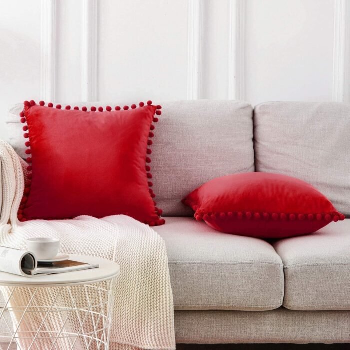 Fundas cojines sólido en color rojo, Terciopelo con Pelota Decorativa para Sofá Cama Sala de Estar. - Imagen 5