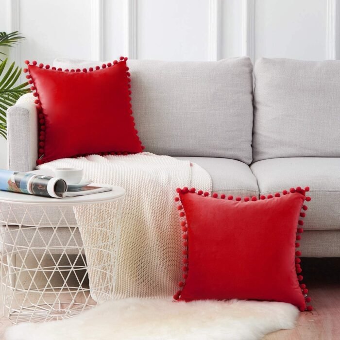 Fundas cojines sólido en color rojo, Terciopelo con Pelota Decorativa para Sofá Cama Sala de Estar. - Imagen 7