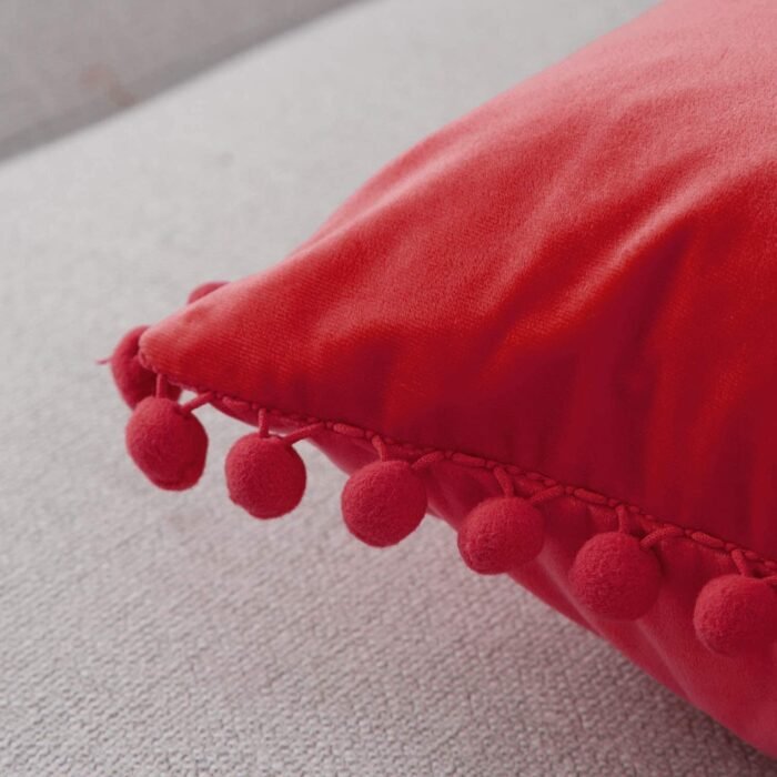 Fundas cojines sólido en color rojo, Terciopelo con Pelota Decorativa para Sofá Cama Sala de Estar. - Imagen 8