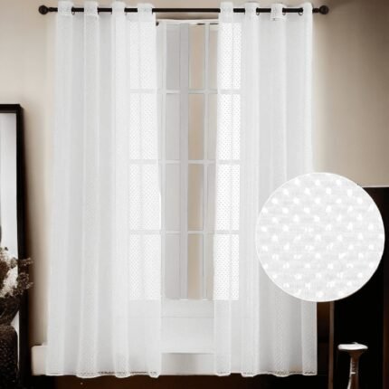 Visillo translúcida sala, dormitorio cortina con diseño de pompones levantados en blanco para ventana de medidas 140x260cm.