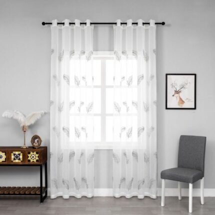 Cortina ventanas Dormitorio, Sala ,Habitación , Salón traslucida Fino bordado en pluma Gris con 8 Ojales de Acero.