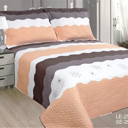 Colcha bouti  Cosida reversible, cama 150 cm, tamaño 240 x 260 cm, con fundas de cojin 50x70cm Estampada cosida, Naranja, Chocolate y Blanco.