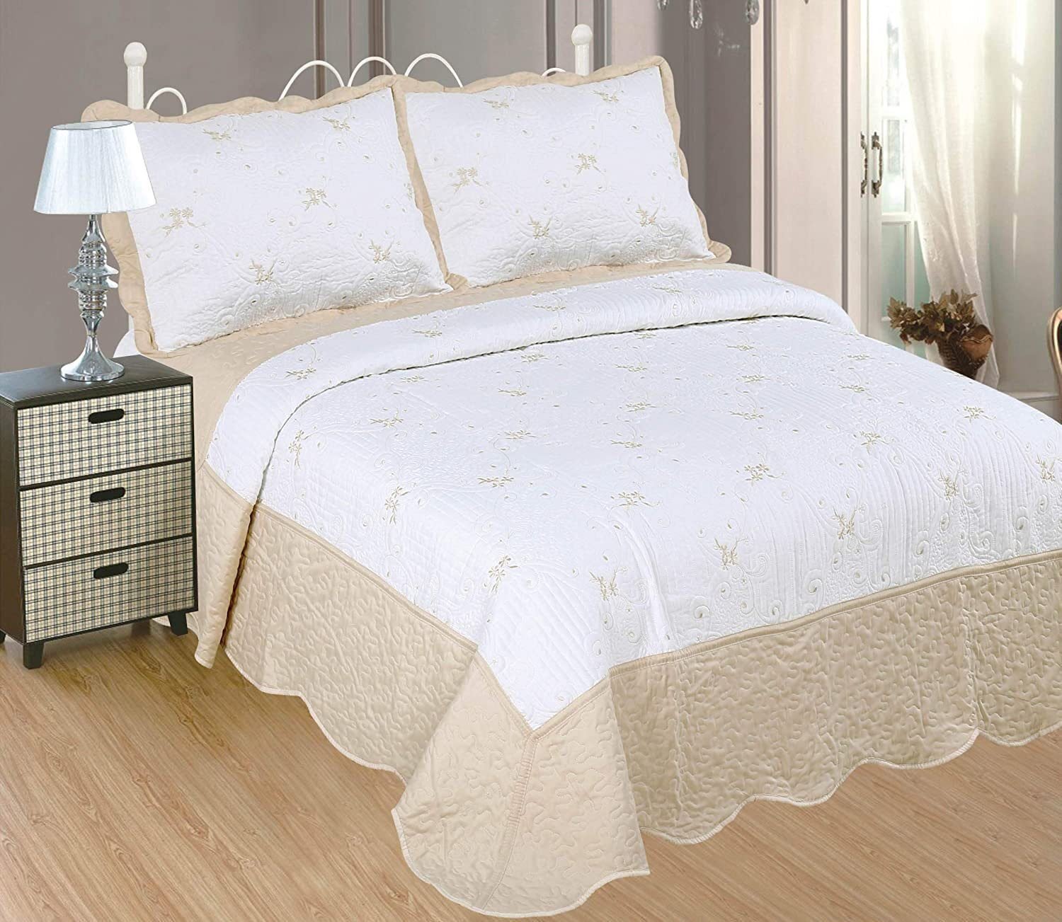 Colcha bouti Cama (Y-2611) Cubrecama Bordada Cosida con Fundas para Primavera/Verano/otoño, Beis. - Imagen 2